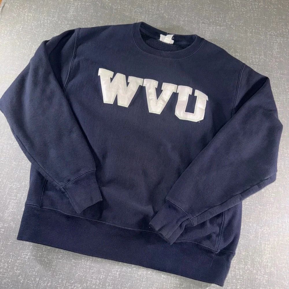 Champion Reverse Weave WVU West Virginia University Navy Blue Sweatshirt Large - Picture 1 of 9